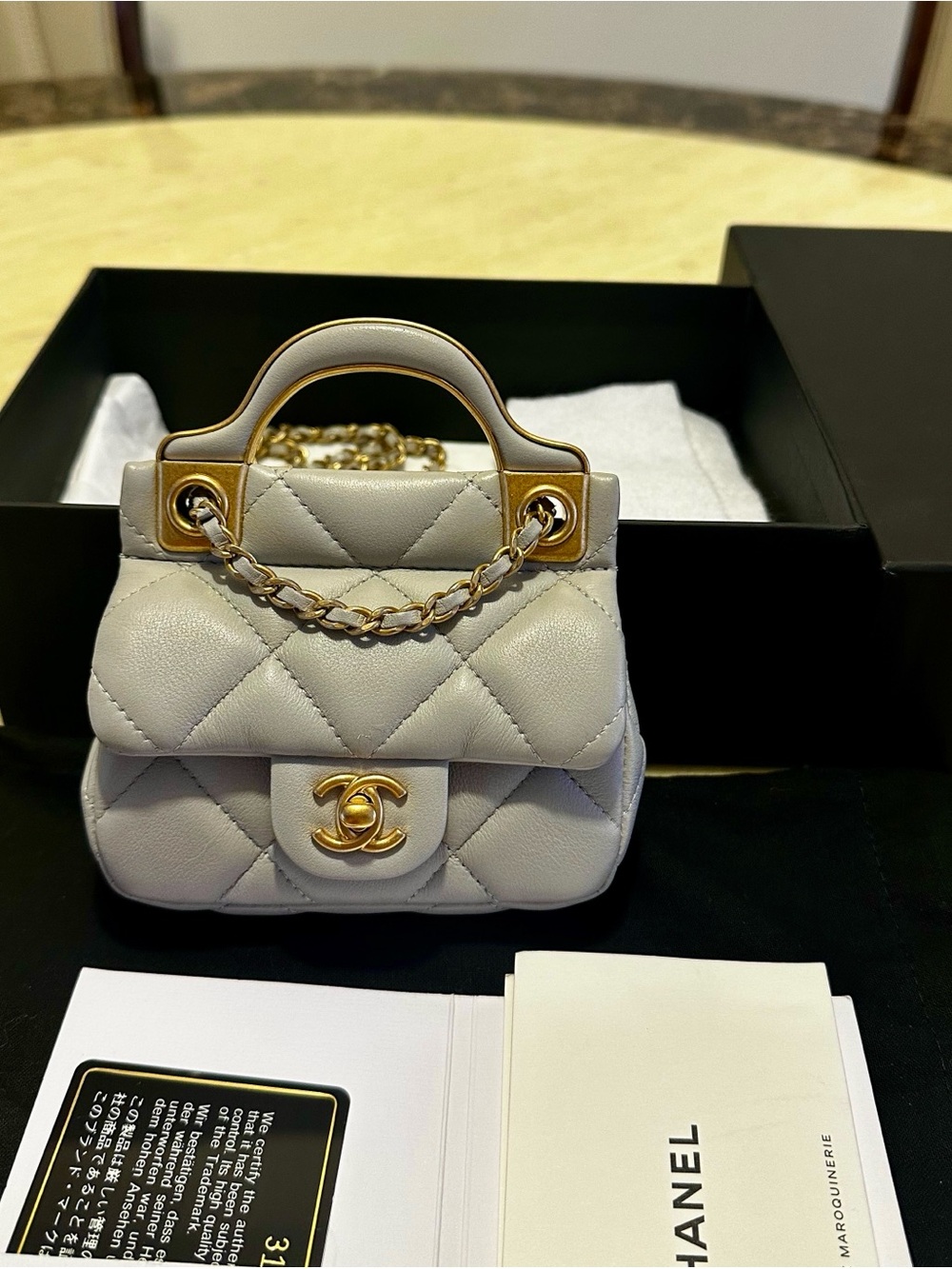 Rare CHANEL Mini Hanger Chain Flap Bag with Twist Lock in Light Gray with GHW